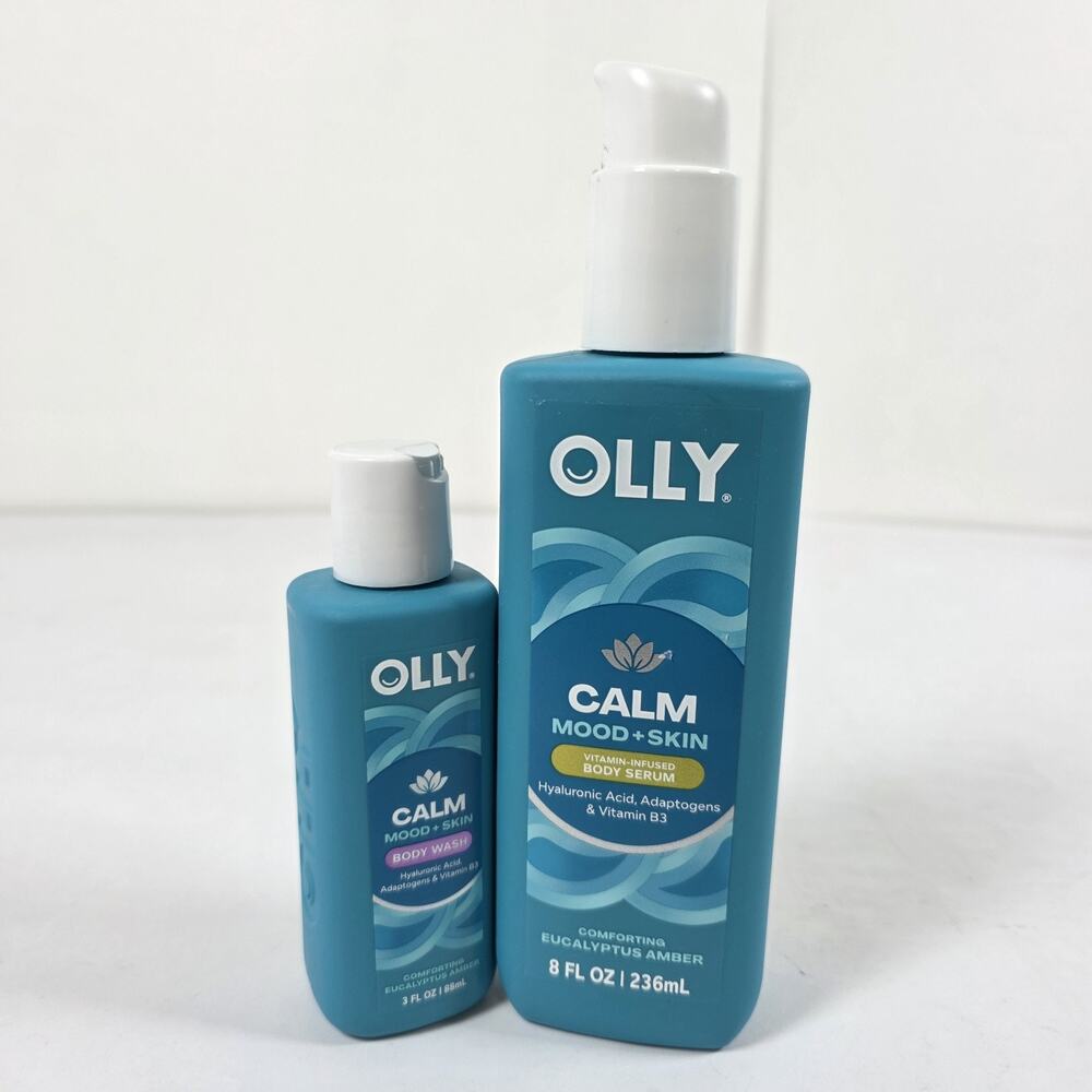 OLLY CALM Mood +Skin Body Wash 3oz With Body Serum 8oz -2 pk Eucalyptus Amber